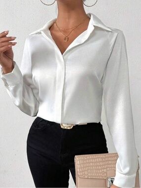 Classic White Satin Button-Up Blouse